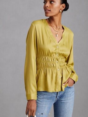 Anthropologie Olive-Yellow Ruched Waist Button-Down Blouse